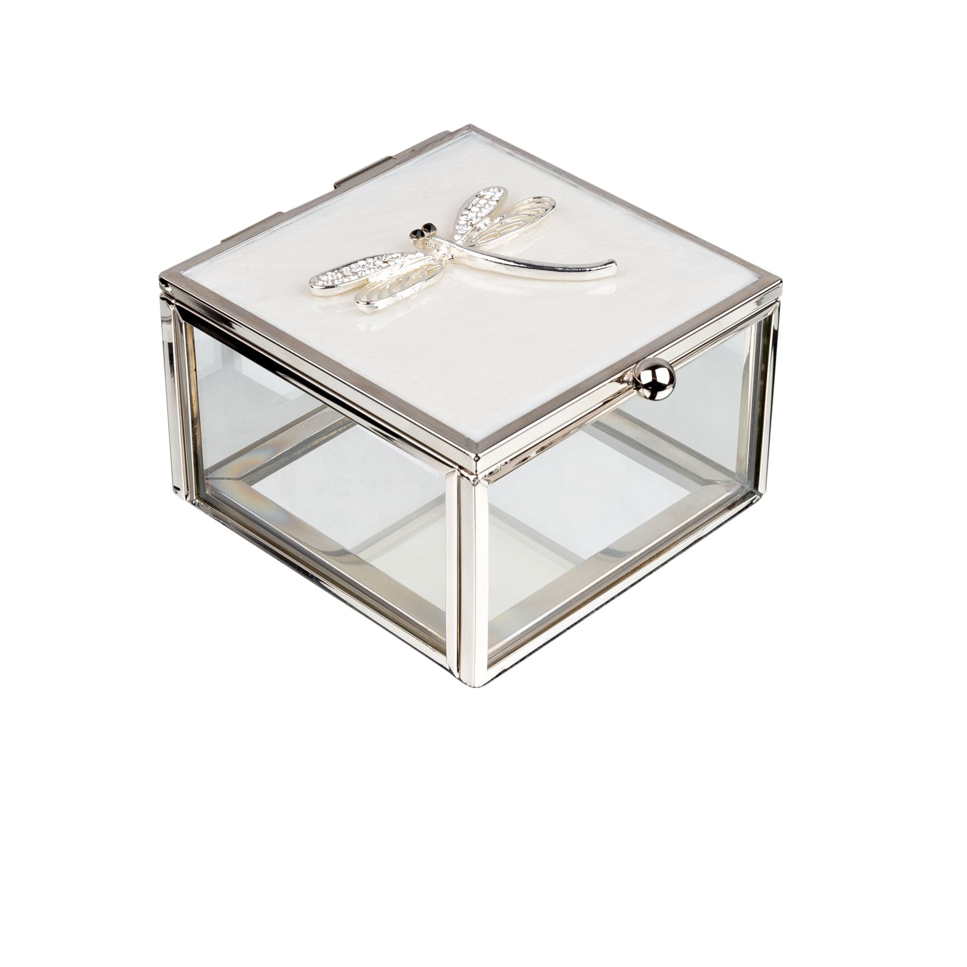 Glass & Silver Metal Jewellery Box - Dragonfly