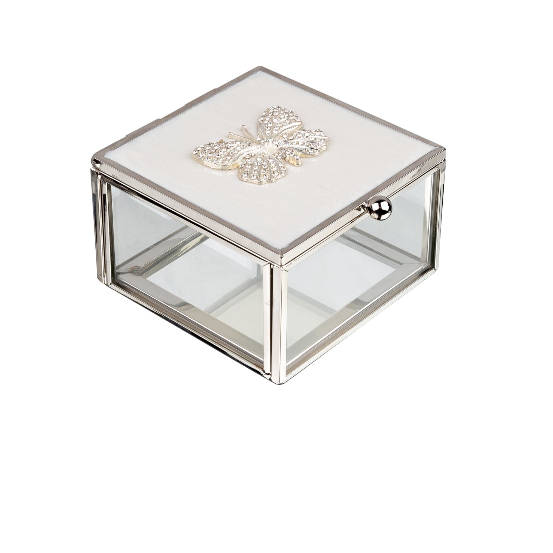 Glass & Silver Metal Jewellery Box - Butterfly